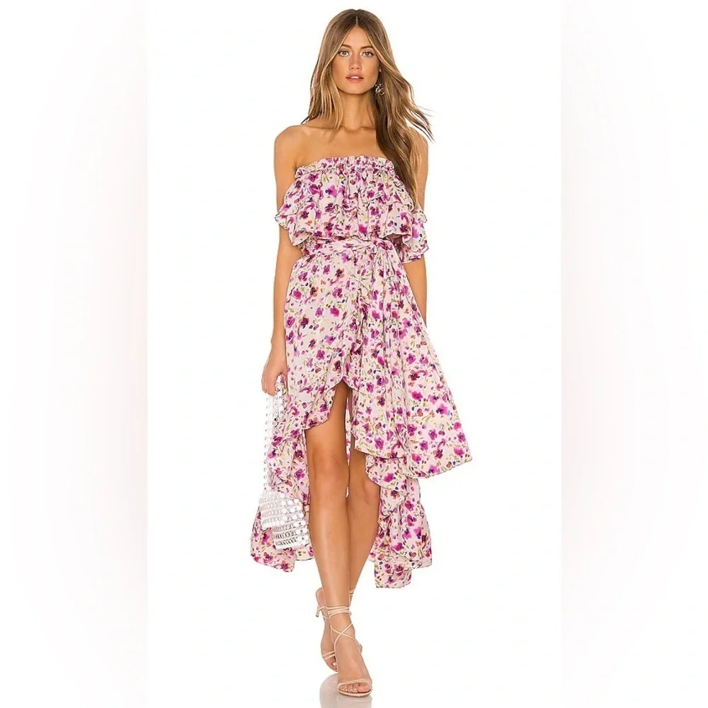 MISA Los Angeles Sabella Strapless Ruffle Tie Waist Midi Dress in Fuchsia Floral
